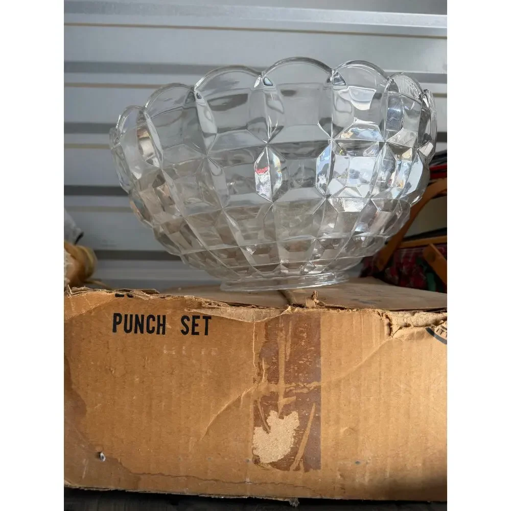 Vintage Punch Bowl & Glasses And Ladle Set Square Diamond Cascade Clear